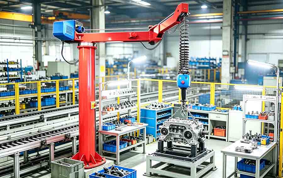 Jib crane lifting parts on assembly line Jib crane lifting parts on assembly line